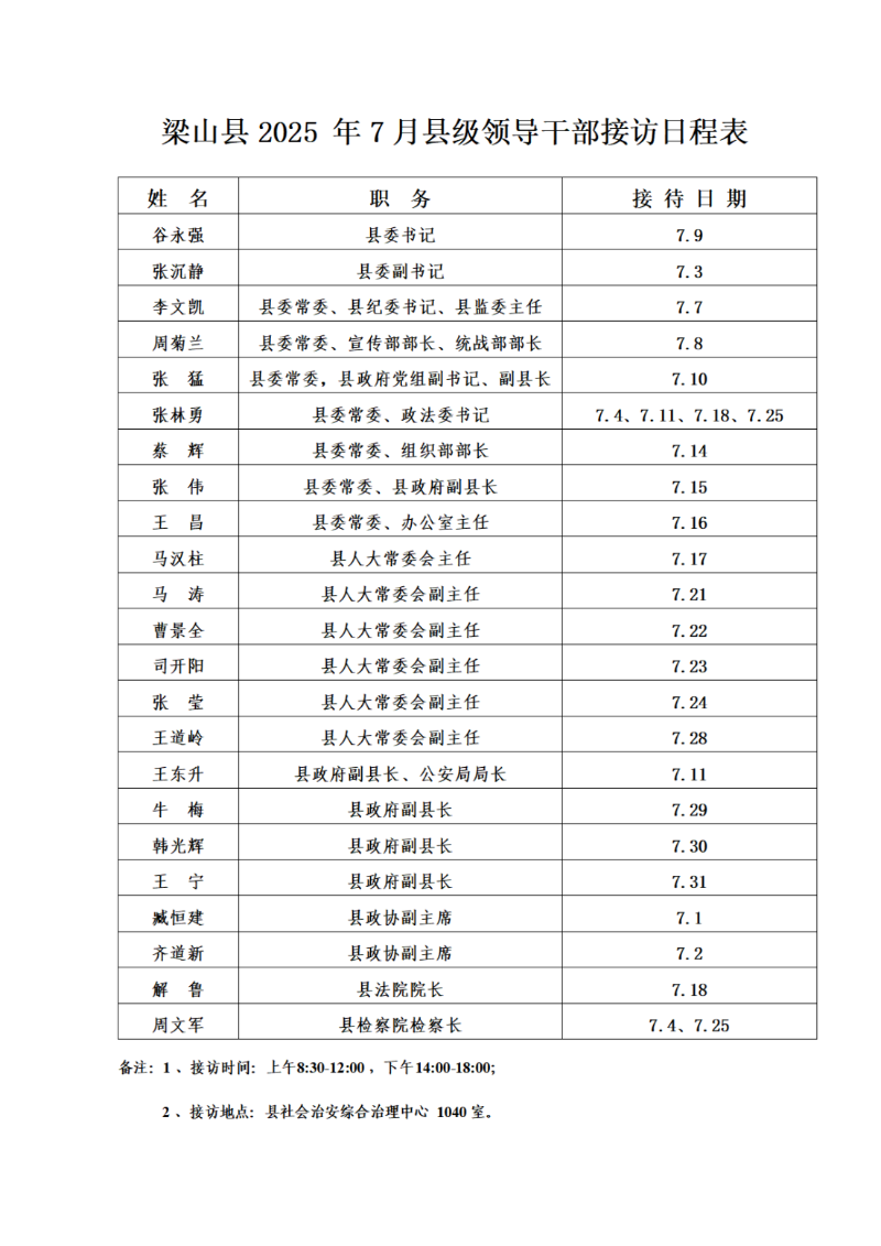 梁山县2025年7月县级领导干部接访日程表