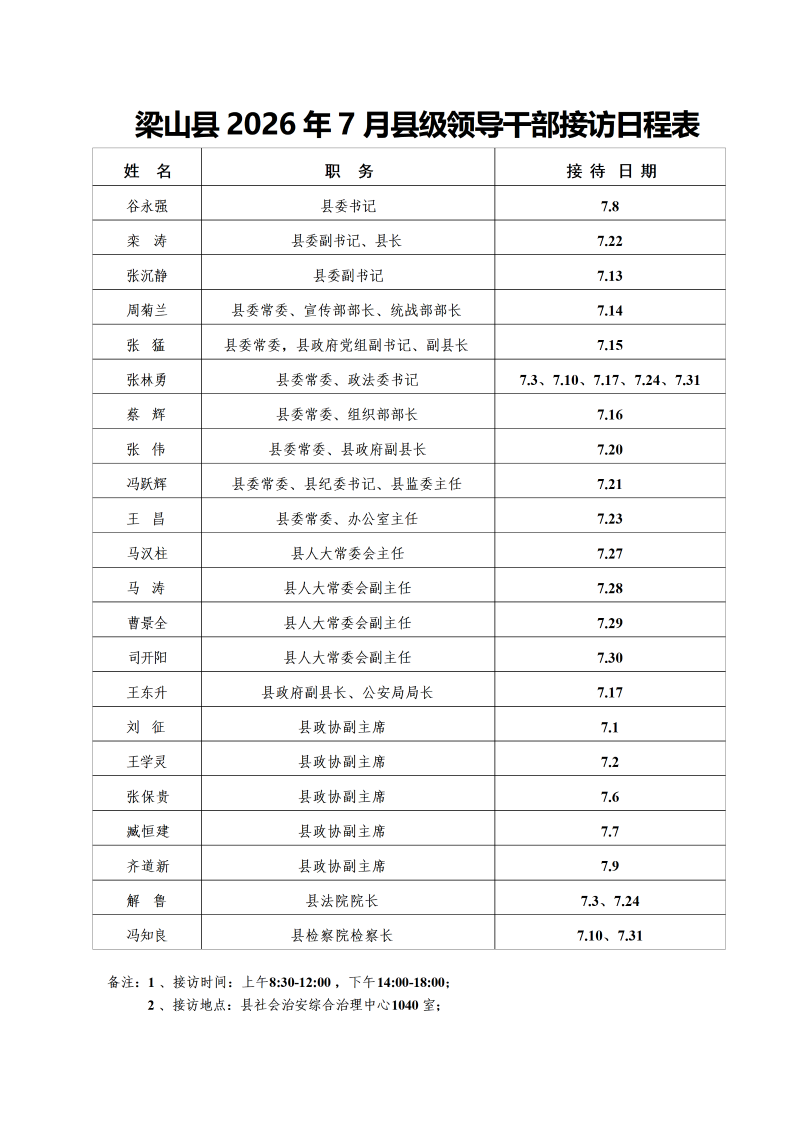 梁山县2026年7月县级领导干部接访日程表