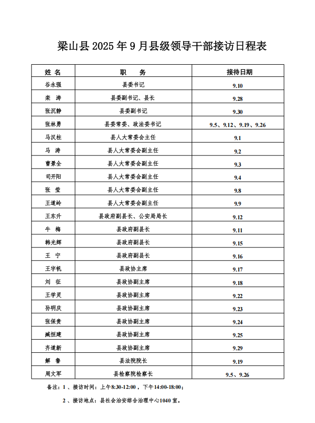 梁山县2025年9月县级领导干部接访日程表