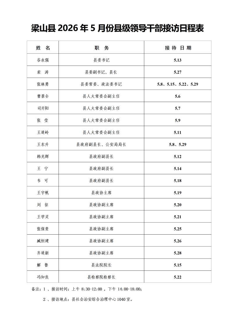 梁山县2026年5月县级领导干部接访日程表